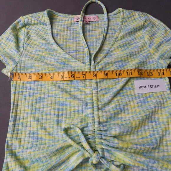 Women Baby Tee Top Small Green Y2K Cropped Knit Ribbed Drawstring Statement - Picture 9 of 13